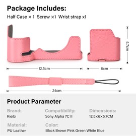 Rieibi Alpha 7C II Case - Premium PU Leather Half Case for Sony A7C II/Alpha 7C Mark II/A7C2 Digital Camera - Protective Grip Sony A7CII Case with Handle & Bottom Opening, Pink, Half pocket and wrist