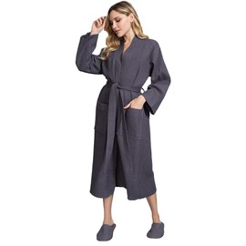 Lotus Linen Women's Lightweight Waffle Weave Robes- Long Soft Cotton Bathrobe - Kimono Spa Bath Robe (US, Alpha, Large, Regular, Regular, Charcoal)