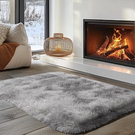 Zentavio Soft Area Rugs for Living Room Bedroom 2x3 Feet Fluffy Fuzzy Furry Shaggy Aesthetic Carpet Plush High Pile Floor Rug for Nursery Kids Room Dorm Home Decor Tie-Dyed Light Grey