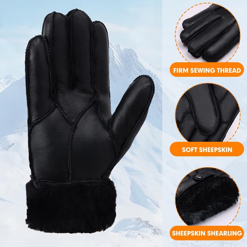 Men Shearling Gloves Winter Leather Gloves Shearling Sheepskin Gloves with