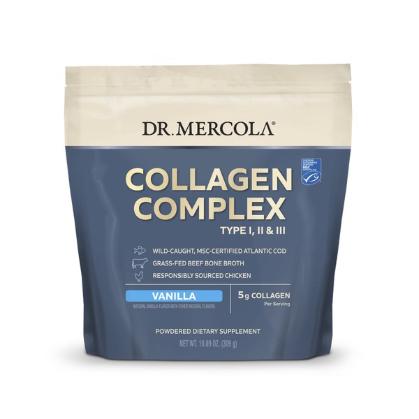 Dr. Mercola Collagen Complex Powder - Vanilla, 30 Servings (30 Scoops), (10.89 oz. per Bag), Non GMO, Soy Free, Gluten Free