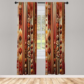 Ambesonne Bohemian Curtains, Ethnic Stripes Flowers and Zigzag Geometric Shapes in Warm Colors, Window Treatments 2 Panel Set for Living Room Bedroom, Pair of - 28" x 63", Dark Coral and Burnt Orange