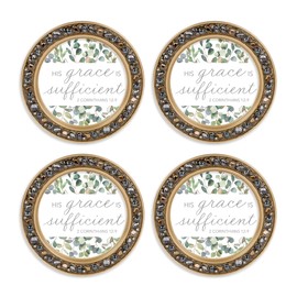 Elanze Designs Jeweled Rim Eucalyptus His Grace is Sufficient Gold 4.5 x 4.5 Acrylic Coaster, Set of 4