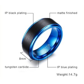 PJ JEWELRY 8mm Mens Black Blue Wicca Pagan Pentagram Triple Moon Goddess Matte Finished Tungsten Carbide Band Ring, Metal,Silver,Tungsten,Tungsten Carbide