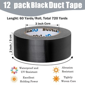 Oleitodh 12 Pack Black Duct Tape Bulk 2 inch 60 Yards Each,Strong No Residue Heavy Duty Duct Tape, All-Weather, Tear by Hand, Waterproof Tape for Indoor Outdoor Use,Multi Purpose Home Repair
