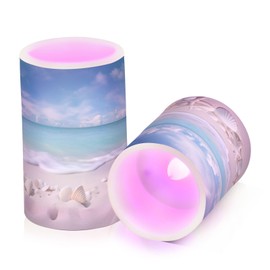 BOENLE Flickering Flameless Candles, Starfishes Seashells Beach Blue Sky LED Candles with Remote Timer, Set of 2 Battery Operated Candle for Valentine Wedding Birthday