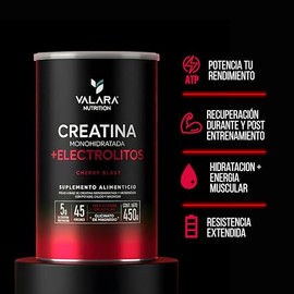 VALARA - Creatina Monohidratada + Electrolitos En Polvo - Rehidratación Y Performance 2 En 1 - Fórmula Deportiva - 450g - 45 porciones - Sabor Cereza