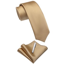 YourTies Champagne Skinny Ties for Men 2.4" Satin Slim Necktie with Pocket Square Tie Clip Set Wedding Party Business