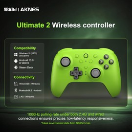 8BitDo Ultimate 2 Wireless Controller for Windows, Android,Steam Deck, TMR Joysticks, 1000Hz Polling Rate, Tactile/Hall Triggers, Motion Control, Programmable Back Paddle Buttons & L4/R4 Bumpers,Green