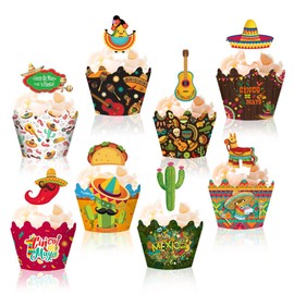 48 Pieces Fiesta Cupcake Toppers and Wrappers, Cupcake Decoration for Mexican Party Carnival, Cactus Donkey Pepper Sombrero Taco Mustache for Fiesta Themed Summer Party Supplies