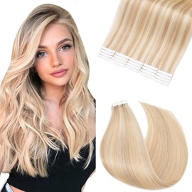Elailite Tape in Hair Extensions Real Human Hair 20 Pcs - Seamless Skin Weft Remy Natural Hair Extension Straight - #18/613 Ash Blonde Mix Bleach Blonde - 16 Inch (50 g)