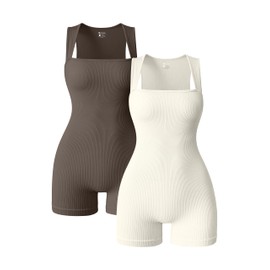 OQQ Women 2 Piece Rompers Yoga Stretch Strappy Square Neck Sleeveless Exercise Rompers Tea leaf Beige