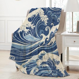 Aonimonis Japanese Wave Throw Blanket Gifts for Women Adults Girls, Soft Fuzzy Warm Cozy Flannel Blankets for Bedroom, Travel, Couch, Home Decor 50x60 in