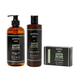 Barrel & Oak Canyon Balsam Body Care Set for Men, All-in-One Body Wash, Exfoliating Bar Soap, & 2-in-1 Shampoo and Conditioner Set, Hydrating Grooming Kit, Vegan Gifts for Men, 3-Pack