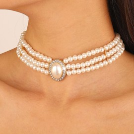Necklaces for Women Pearl Choker Necklace Multi Strands Choker Gold Necklaces Prom Pearl Choker Necklace Beachy Necklace Elegant Pearl Jewelry Bride for Wedding Birthday Gift