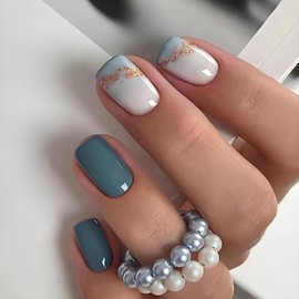 24 Pcs Marine Jewel Short Press-On Nails Kit – Light Blue & Gold Glitter Semi-Cured Gel Strips, Durable ABS Full Cover, 12 Sizes Custom Fit, Glue Included, 3-Minute No-Tool Application