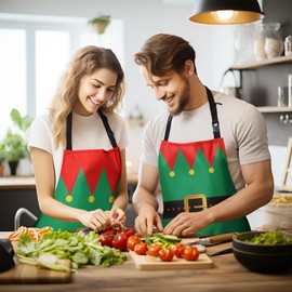 Dacawin Christmas Elf Apron Xmas Santa Elf Aprons with Pocket Red and Green Adjustable Bib Aprons for Women Claus Holiday Waterproof Bibs for Pet Chef Hairdresser Kitchen Wife Gift