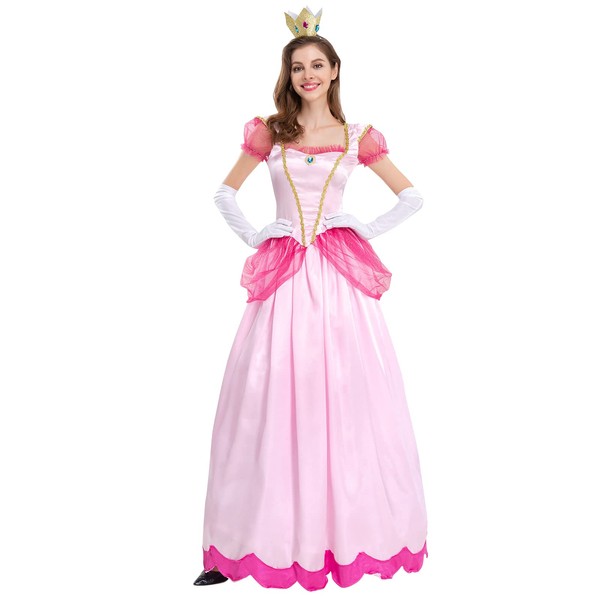 IWEMEK Women's Daisy Peach Princess Dress Puff Sleeves Long Dress with Gloves Crown Accessory Set Adult Carnival Costume Halloween Fancy Dress Fancy Dress Pageant Party Outfits Pink XL