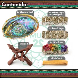 MUT22 Sahumerio Kit, Palo Santo, White Sage, Sage of 7 Flowers, Sage with Juniper, Abalone Shell, Tripod Stand - Complete Kit for Purification and Harmonization
