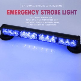 BooYu 14.8" Blue Battery Powered Police Firefighter Emergency Strobe Lights Bar for Trucks/Vehicles Rechargeable Wireless Rooftop Mini Hazard Flashing LED Beacon Warning Light w/Magnetic Base