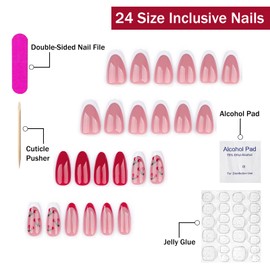 French Tip Press on Nails Medium Almond SWEKKE Cute Cherry Fake Nails Red & White False Nails with Designs Glossy Glue on Nails Stick on Nails for Women Girls 24 Pcs