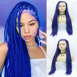 AFBeauty Braided Wigs for Black Women Glueless Braiding Hair Long Blue Box Braid Wig Full Lace Knotless Cornrow Braids Micro Braided Straight Lace Front Wig Synthetic Heat Resistant 26inch Wig
