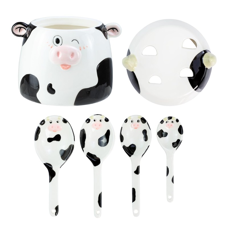 Sizikato 4pcs Porcelain Measuring Spoons with Base, Cow Shaped Ceramic