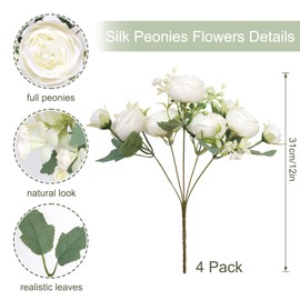 SOMYTING Peony Artificial Flowers 4 Bundles Artificial Peony Bouquet White Flowers Silk Peony Bouquets for Wedding Party Table Toppers Flower Arrangement Home Kitchen Decor