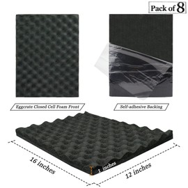 BXI Soundproofing Closed Cell Foam - 8 Pack Self-adhesive 16'' X 12'' X 1'' Thickened Egg Crate Sound Proof Foam - Acoustic Foam Panels Great for Noise & Thermal Insulation (Black)