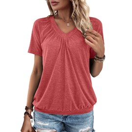 Gihgoew Summer Tops for Women 2024 Shorts Sleeve Womens Tops,V Neck Soft Casual Loose Fit Ruched Top T Shirts Tee Clothes (US, Alpha, Large, Regular, Regular, Rose Red)