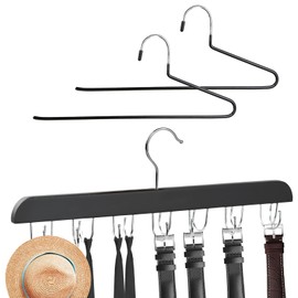 Belt Hanger, 360° Rotatable Wooden Belt Organiser, Tie Holder with 14 Hooks, Wardrobe Accessories for Belts, Tank Tops, Scarves, Bras, Bags, Comes with 2 Z-shaped Trouser Hangers, Black