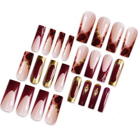 Long Press on Nails Square French Tip Fake Nails with Brown Leopard Print and 3D Gold Rhinestone Designs False Nails Stick on Nails for Women 24 Pcs (Brown-30, style-30)