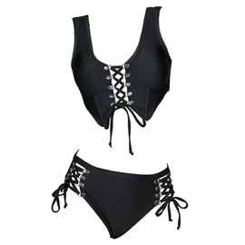 MEOWCOS - Conjunto de bikini clásico para mujer, color negro, traje de baño ajustable con diseño de cordón, Negro -, Small