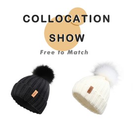 Pilipala Women Winter Knitted Beanie Hat with Fur Pom Bobble Hat Skull Beanie(White)