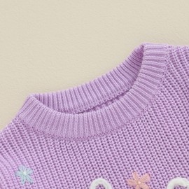Bufarromio Little Baby Girls Casual Sweater Big Sister Letter Flower Embroidery Long Sleeve Knitwear Round Neck Fall Winter Pullover (Purple White, 18-24 Months)