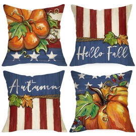 Ussap Hello Fall Veterans Day Pumpkin Decorative Throw Pillow Covers 16 x 16 Set of 4, Autumn Patriotic America Cushion Case Decor, American USA Farmhouse Rustic Home Decoration for Sofa Couch