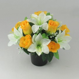Yellow Rose and Lily Artificial Flower Grave/Memorial Arrangement