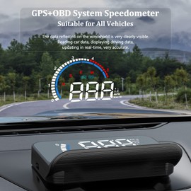 AMROOLOO Car HUD Head Up Display, OBD2 & GPS Dual Modes HUD, Speedometer, KM/H and MPH, Compatible with All Cars