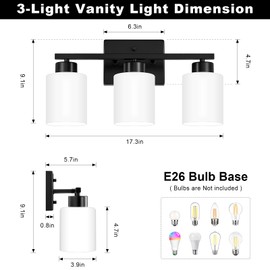 FonmYim Black Bathroom Light Fixtures, 3-Light Modern Vanity Light Over Mirror, Wall Sconces with Milky White Frosted Glass Shades, E26 Socket (Bulbs Not Included)