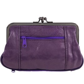 Oakridge Leather Ladies Double Clasp Coin Purse with Space for Credit Card - Purple