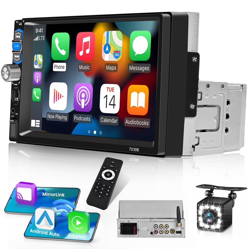 Hikity Car Stereo Single Din Wireless CarPlay Android Auto, 7