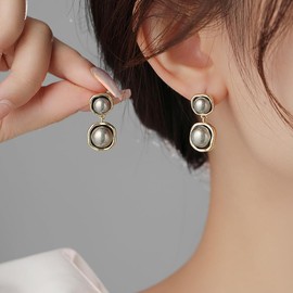 DIAMANTIO Pearl Earrings Long Tassel Gold Plated Multi-Beaded Cluster Chain Chandelier Drop Dangling Earrings Statement Jewelry for Women Bridal Prom Any occasion (Double Pearl) (Double Grey Pearl)