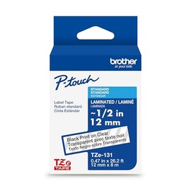 Brother - Cinta P-Touch TZE-131 original, cinta P-Touch laminada estándar de 1,2 cm, color negro sobre transparente, perfecta para uso en interiores o exteriores, resistente al agua, 26.2 pies (8 m),
