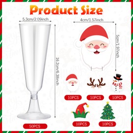 Nuogo 100 Pcs Christmas Plastic Champagne Flutes with Mini Christmas Markers 5oz Disposable Clear Champagne Glasses Xmas Toasting Mimosa Cup Bulk for New Year Wedding Bar Party Wine Glass Decor Supply