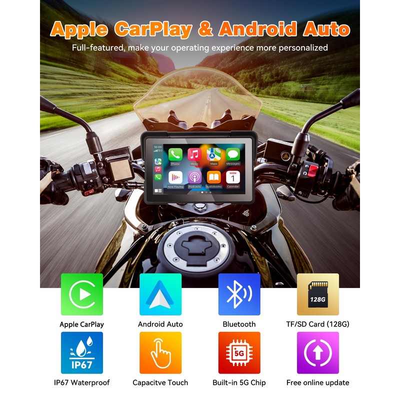 YHTIMIOX Motorcycle CarPlay Screen, 7 Inch Waterproof Touchscreen, Portable Carplay