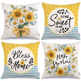GEEORY Hello Sunshine Summer Throw Pillow Covers 18 x 18 Inch Set of 4, Daisy Sunflowers Home Sweet Home Polka Dot Decorative Pillow Cases Farmhouse Sofa Decor G706-18