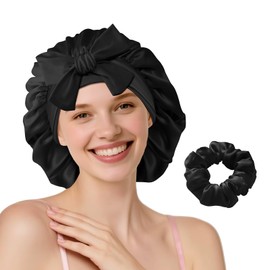 PORAYATA Double-Layer Mulberry Silk Bonnet for Sleeping Women 22 Momme 6A with Adjustable Ties, 13 Inch Anti-Frizz Sleep Hair Bonnet for Hair Protection, Includes Silk Scrunchie, Black