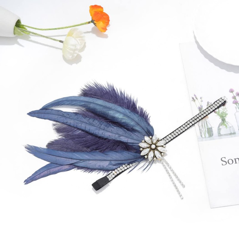 IYOU 1920s Feather Flapper Headdress Blue Crystal Gatsby Headband Prom