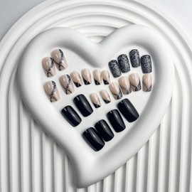 Square Press on Nails Short Black Fake Nails Silver False Nails Gold Swirl Stick on Nails Glitter Acrylic Nails Artificial Full Cover Nude Glue on Nails for Women Girls Daily Wear Manicure 24PCS…