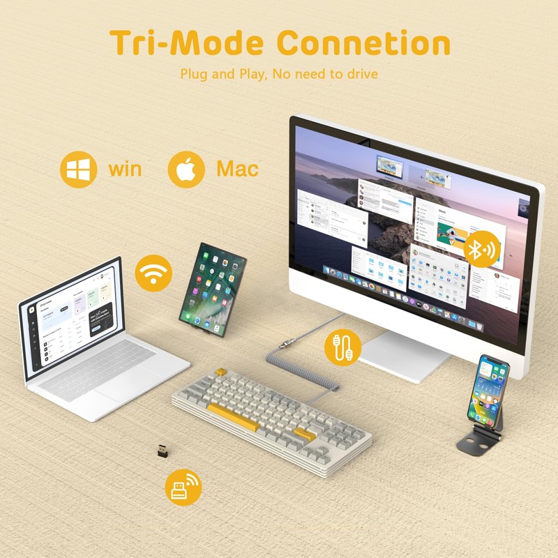 A.JAZZ AKC087 Mechanical Keyboard, Tri-Mode Connection Wireless Keyboard, Multi-Layer Metal
